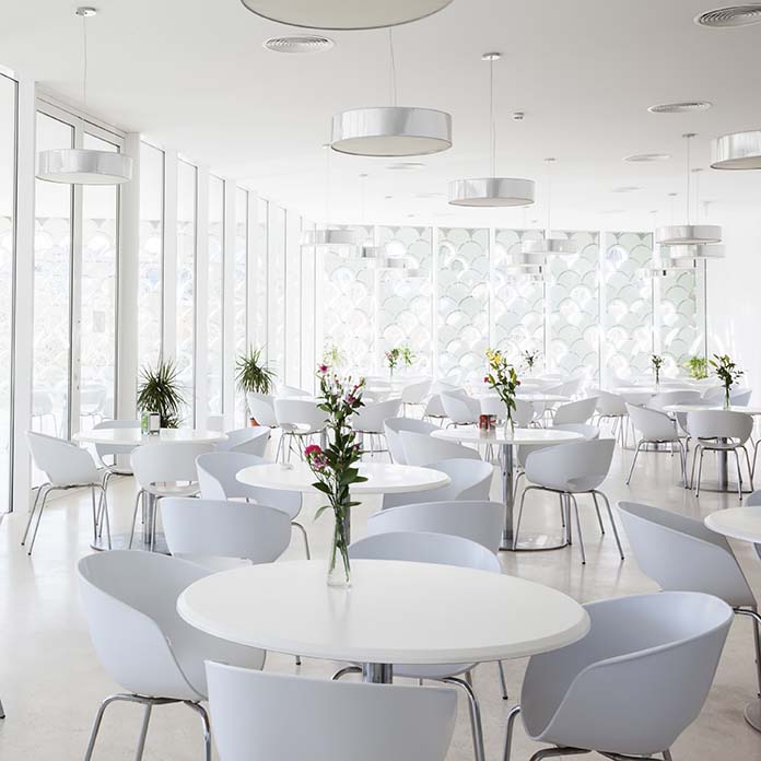 White modern restaurant, interior decorating.