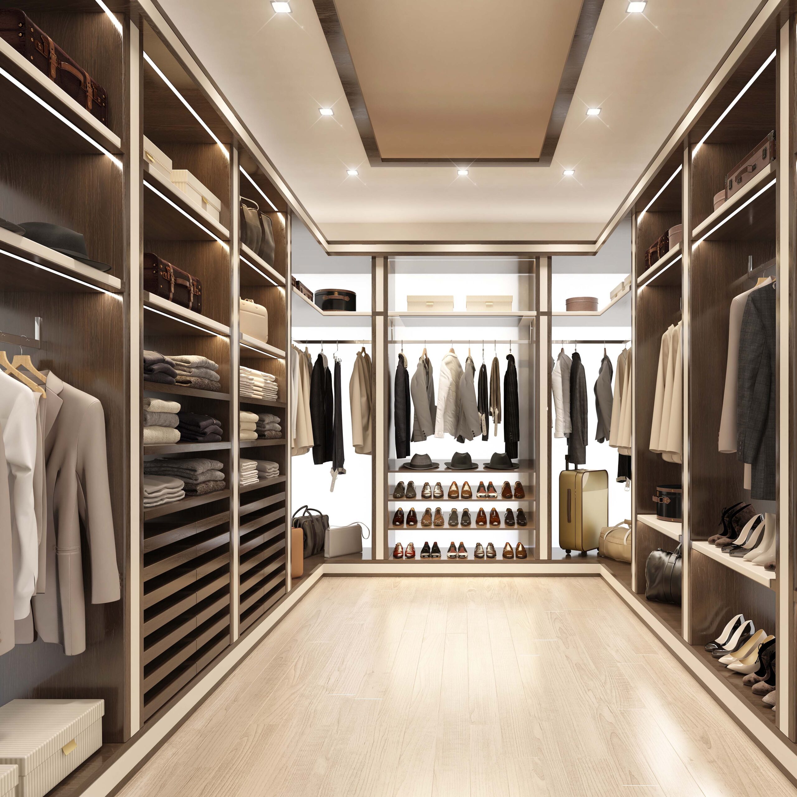 Luxury modern beige dressing room organized