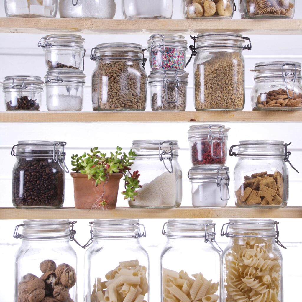 Pantry organized into containers.