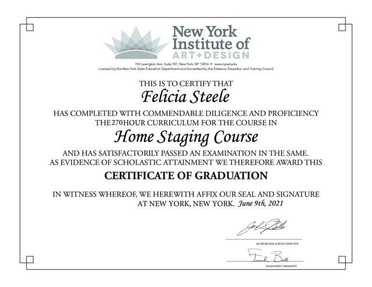 Certificate of Completion for Home Staging online course from New York Institute of Art & Design