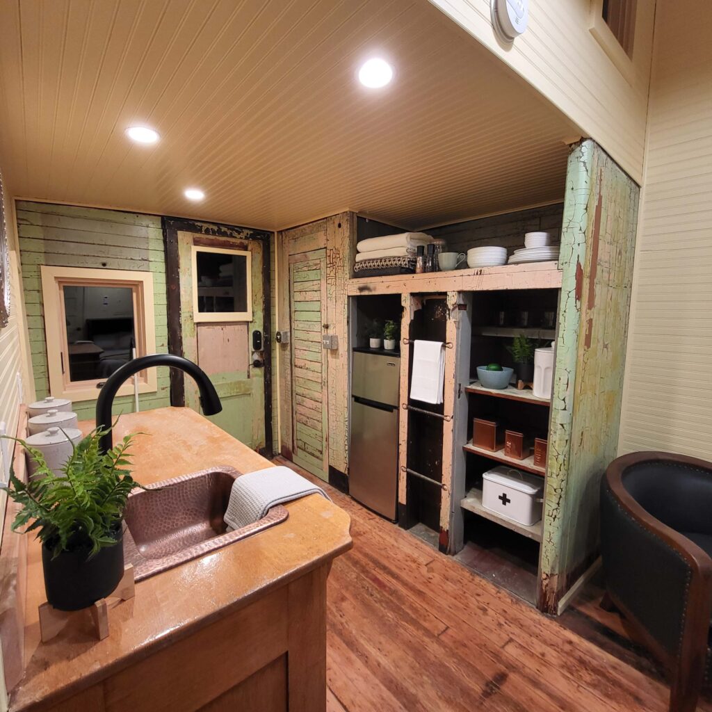 Train car kitchen area, property staging