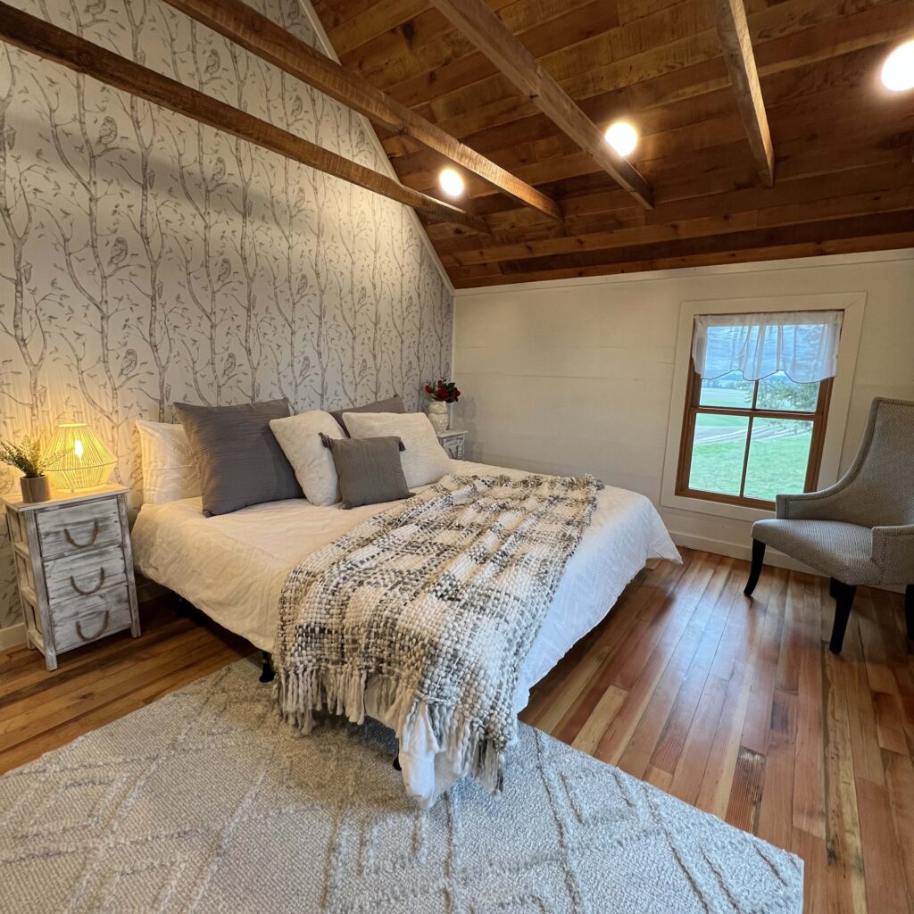 Master bedroom of farm house in Idaho staged